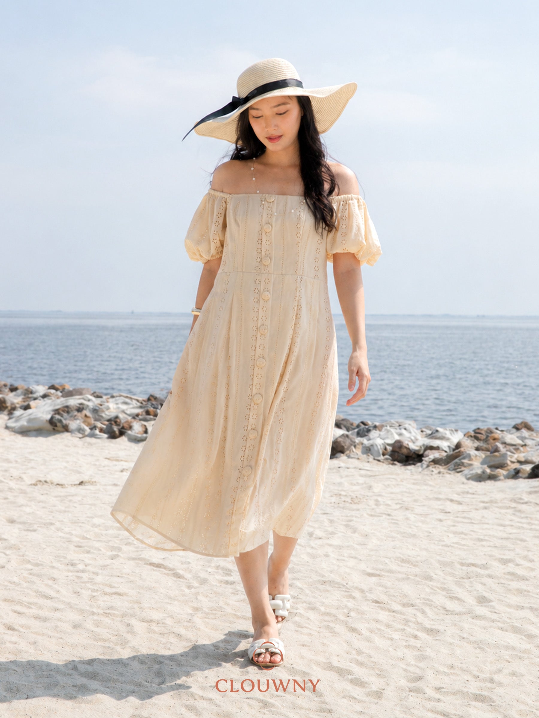 Alexia Square Button Dress - Cream